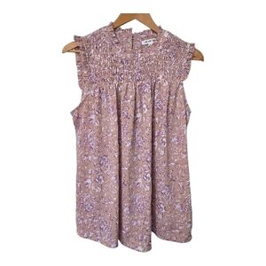 Mod Mauve Pink Floral Smocked Sleeveless Blouse Large Cottagecore Spring